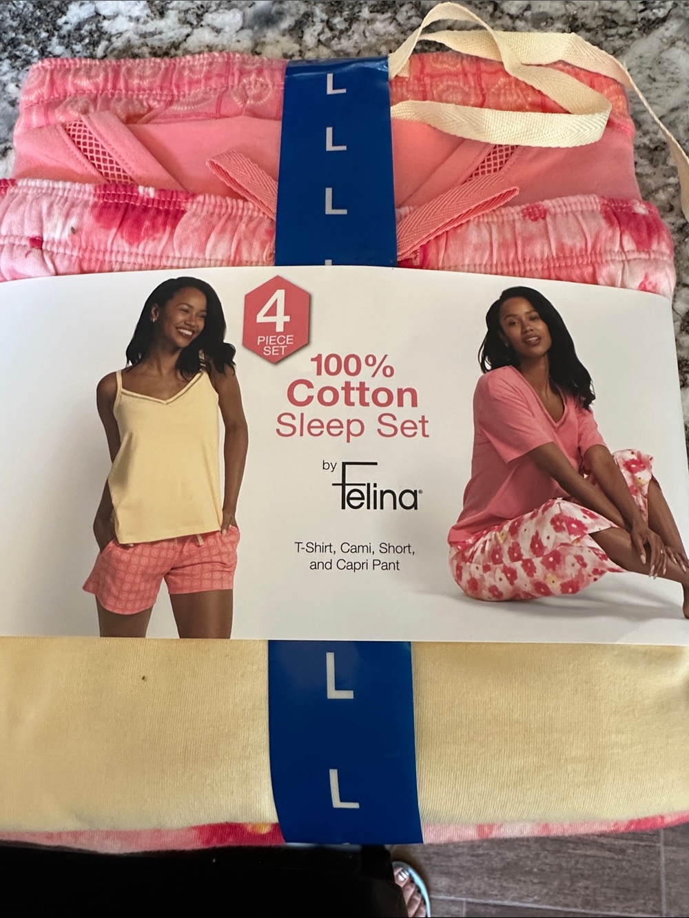NWT Felina 4-Piece 100% Cotton Sleep Set in Pink & Cream Women’s Large